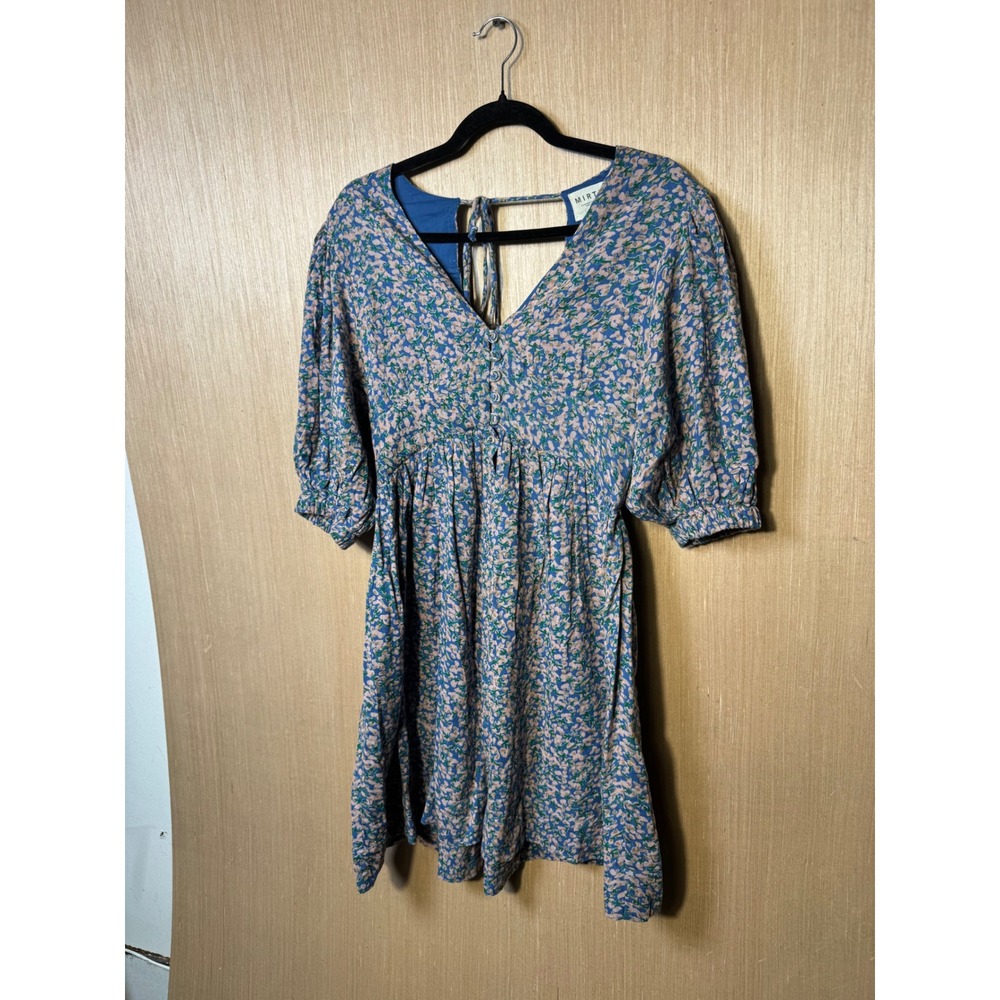 MIRTH $348 Perth Backless Short Dress Blueberry Floral Cotton Puff Sleeve S NEW